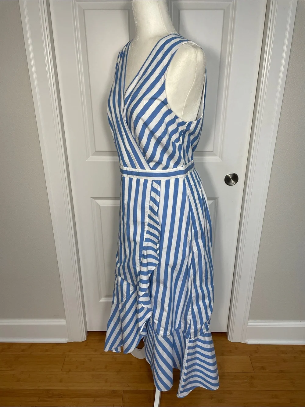 J. Crew Stripe Ruffle High Low Maxi Dress Size 8 New Nautical Sleeveless